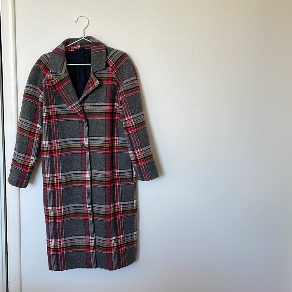 Marine Layer Gray & Red Plaid Wool-Blend Long Coat